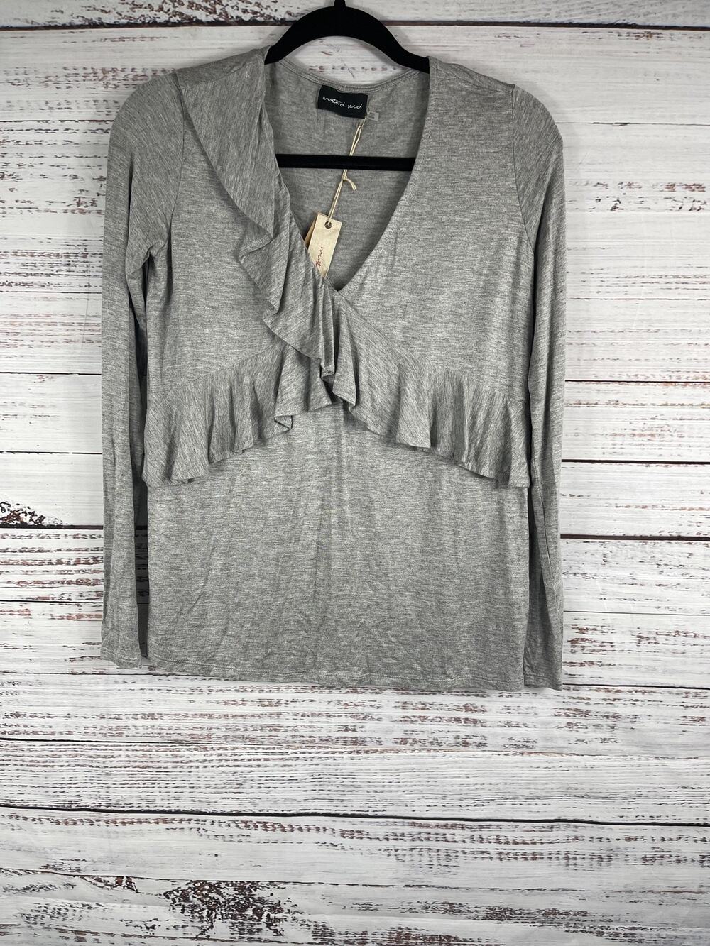 Mustard Seed Sweater Women's Small Gray Ruffle V Neck Pullover Top Lightweight